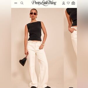 PrettyLittleThing WHITE EXTREME FRAYED WAISTBAND WIDE LEG JEANS USA 8, UK 12